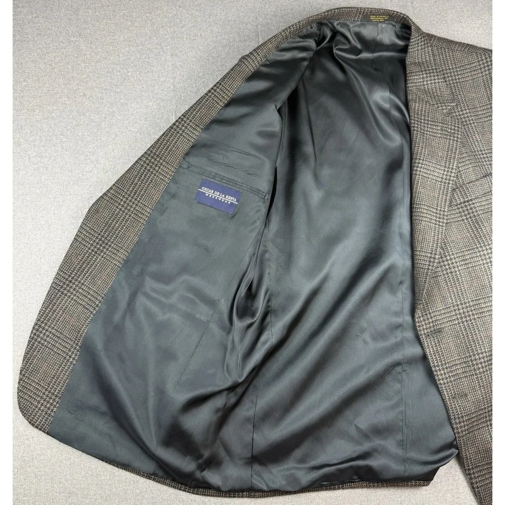 Oscar de la Renta Mens 44R 100% Wool Glen Plaid Sport Coat Blazer Gray Brown